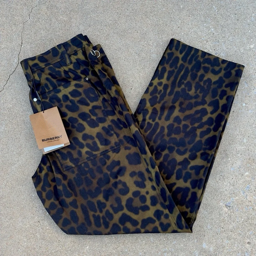 NWT Burberry Leopard Straight Leg Cotton Trousers Khaki Green Men's EU 46 US 36